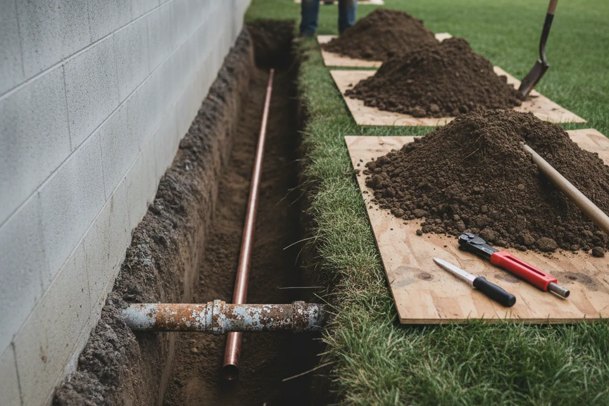 Excavated water line trench during Sewer Line Repair in Bedford Hills